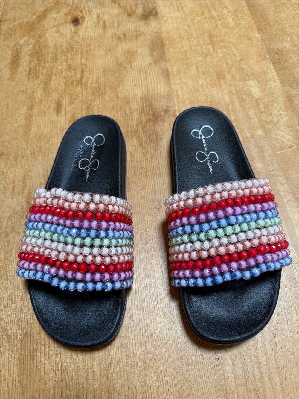 Jessica Simpson Black Slide Sandals with Multicolor Beaded Straps